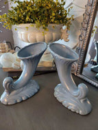 Pair of Blue Vintage Haeger Cornucopia Vases, Trumpet Vases, MCM