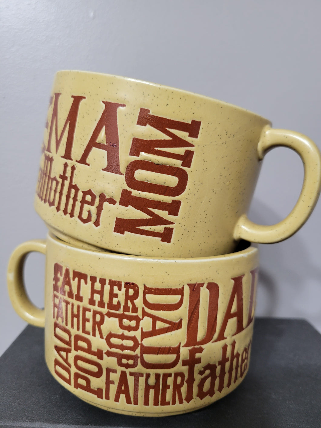 Vintage 70's Stoneware MA/MOM & POP/DAD Coffee, Soup Mug Set (one of each)
