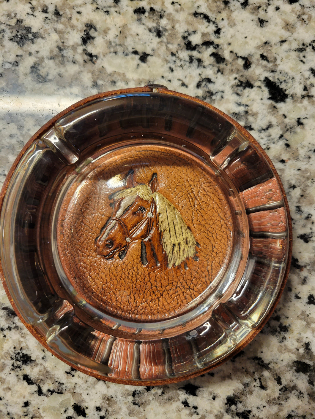 Bamco Libbey Glass Tooled Leather Ashtray Horse Motif Western Theme