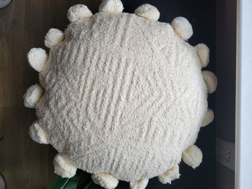 Cream Pom-Pom Round Pillow, 16 inch